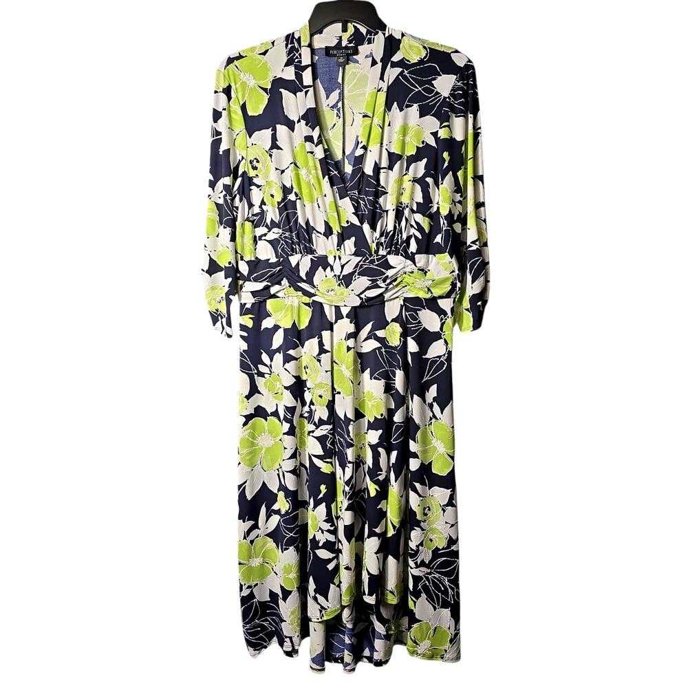 Perceptions 1X Plus Navy Floral 3/4 Slvs V-Neck Pullover Midi Dress Ruched Waist